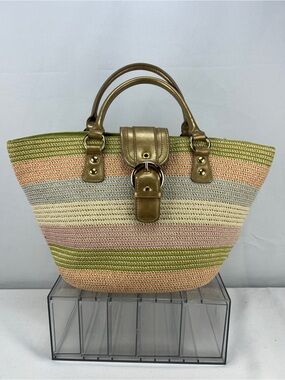 Amanda Smith Gold-Trim Pastel Striped Straw Satchel